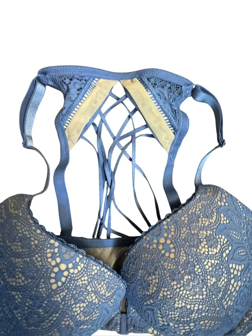 VICTORIA’S SECRET 34DD Very Sexy Push-Up Bra Front Close Strappy Back Blue Lace - Picture 16 of 17